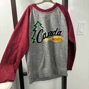 Roots Gray Crewneck with Maroon Raglan Sleeves and Canada on the front. Kids 10